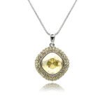 Swarovski crystal square necklace wholesale featuring palladium plated brass box chain, double pave crystal halo bezel, and cushion cut crystal center.