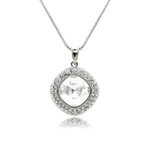 Swarovski crystal square necklace wholesale featuring palladium plated brass box chain, double pave crystal halo bezel, and cushion cut crystal center.