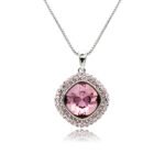 Swarovski crystal square necklace wholesale featuring palladium plated brass box chain, double pave crystal halo bezel, and cushion cut crystal center.
