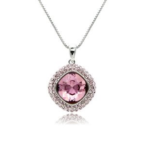 Swarovski crystal square necklace wholesale featuring palladium plated brass box chain, double pave crystal halo bezel, and cushion cut crystal center.