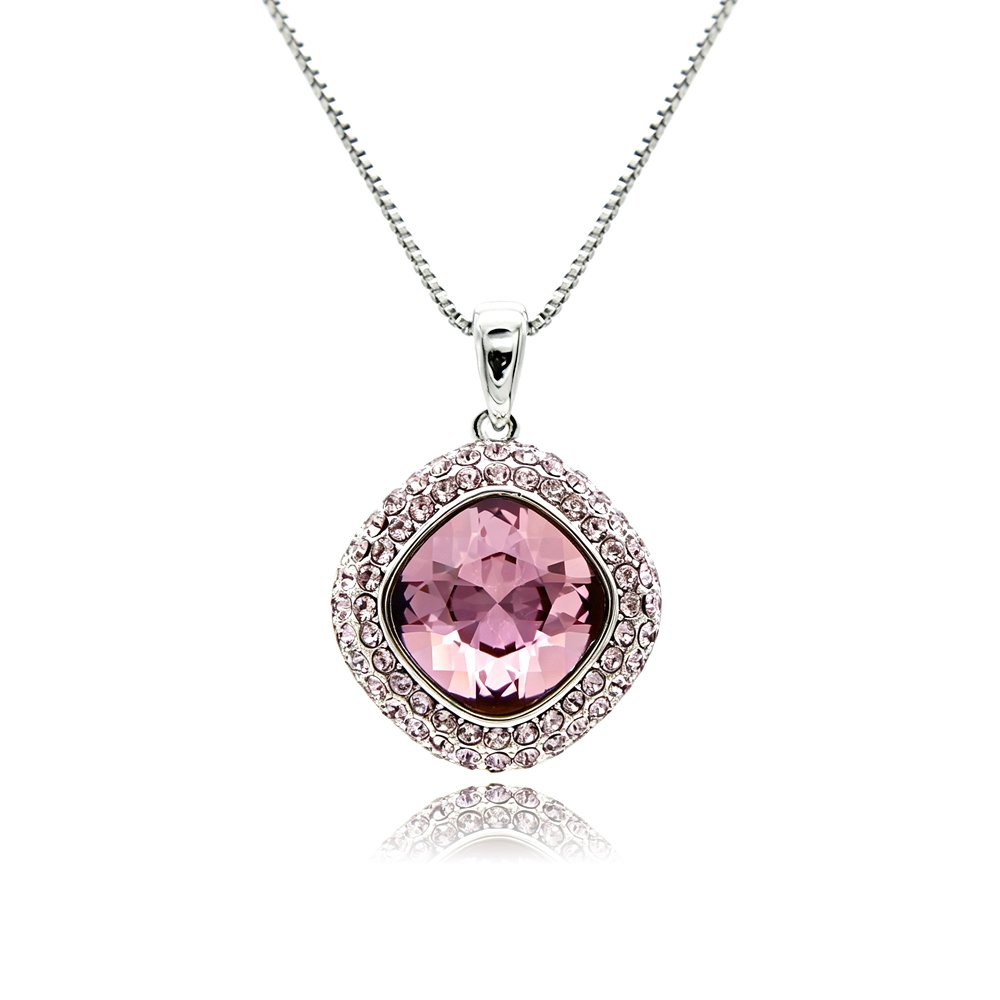 Swarovski crystal square necklace wholesale featuring palladium plated brass box chain, double pave crystal halo bezel, and cushion cut crystal center.