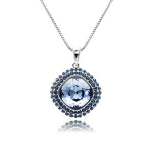 Swarovski crystal square necklace wholesale featuring palladium plated brass box chain, double pave crystal halo bezel, and cushion cut crystal center.