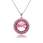 Swarovski crystal round pendant wholesale showcasing radiant starburst cut stone, double pave crystal halo frame, palladium plated brass setting, and fine box chain.