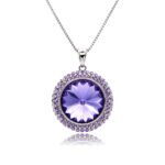Round sunflower-cut 14mm Swarovski element crystal pendant necklace with double-halo pave setting in palladium plating for wholesale, SKU G100767E.