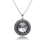 Round sunflower-cut 14mm Swarovski element crystal pendant necklace with double-halo pave setting in palladium plating for wholesale, SKU G100767E.