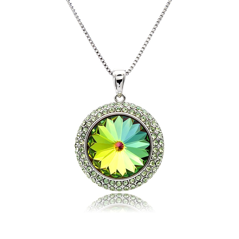G100767E12Y.143.A Round sunflower-cut 14mm Swarovski element crystal pendant necklace with double-halo pave setting in palladium plating for wholesale, SKU G100767E.
