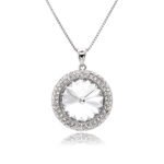 Round sunflower-cut 14mm Swarovski element crystal pendant necklace with double-halo pave setting in palladium plating for wholesale, SKU G100767E.