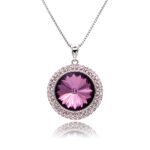 Round sunflower-cut 14mm Swarovski element crystal pendant necklace with double-halo pave setting in palladium plating for wholesale, SKU G100767E.