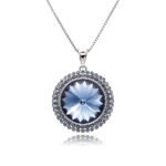 Round sunflower-cut 14mm Swarovski element crystal pendant necklace with double-halo pave setting in palladium plating for wholesale, SKU G100767E.