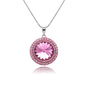 Round 12mm Swarovski element crystal pendant necklace with double-halo pave setting in palladium-plated brass base, SKU G100768E.