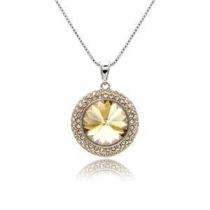 Round 12mm Swarovski element crystal pendant necklace with double-halo pave setting in palladium-plated brass base, SKU G100768E.