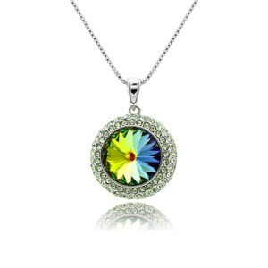 Round 12mm Swarovski element crystal pendant necklace with double-halo pave setting in palladium-plated brass base, SKU G100768E.