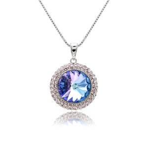 Round 12mm Swarovski element crystal pendant necklace with double-halo pave setting in palladium-plated brass base, SKU G100768E.