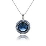 Round 12mm Swarovski element crystal pendant necklace with double-halo pave setting in palladium-plated brass base, SKU G100768E.