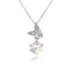 Swarovski crystal cube butterfly pendant necklace in palladium-plated brass with pave zircon butterfly top and geometric crystal element, SKU G100786E.