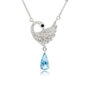 Swarovski crystal swan pendant necklace wholesale featuring palladium plated brass chain, pave crystal feather wing, and hanging teardrop crystal, SKU G100869E.