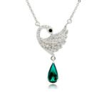 Swarovski crystal swan pendant necklace wholesale featuring palladium plated brass chain, pave crystal feather wing, and hanging teardrop crystal, SKU G100869E.