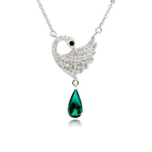 Swarovski crystal swan pendant necklace wholesale featuring palladium plated brass chain, pave crystal feather wing, and hanging teardrop crystal, SKU G100869E.