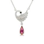 Swarovski crystal swan pendant necklace wholesale featuring palladium plated brass chain, pave crystal feather wing, and hanging teardrop crystal, SKU G100869E.
