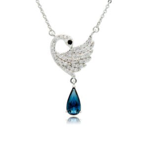 Swarovski crystal swan pendant necklace wholesale featuring palladium plated brass chain, pave crystal feather wing, and hanging teardrop crystal, SKU G100869E.