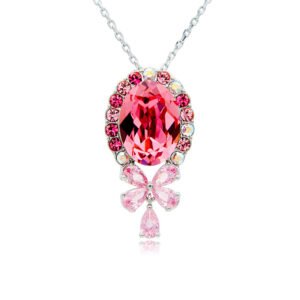 Swarovski crystal oval bow necklace wholesale featuring palladium plated brass chain, large oval gem with halo border, and crystal butterfly bow pendant, SKU G100891E.