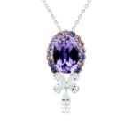 Swarovski crystal oval bow necklace wholesale featuring palladium plated brass chain, large oval gem with halo border, and crystal butterfly bow pendant, SKU G100891E.