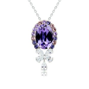 Swarovski crystal oval bow necklace wholesale featuring palladium plated brass chain, large oval gem with halo border, and crystal butterfly bow pendant, SKU G100891E.
