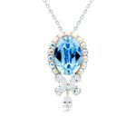 Swarovski crystal oval bow necklace wholesale featuring palladium plated brass chain, large oval gem with halo border, and crystal butterfly bow pendant, SKU G100891E.