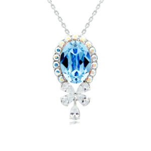 Swarovski crystal oval bow necklace wholesale featuring palladium plated brass chain, large oval gem with halo border, and crystal butterfly bow pendant, SKU G100891E.