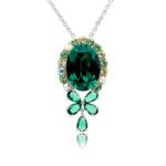 Swarovski crystal oval bow necklace wholesale featuring palladium plated brass chain, large oval gem with halo border, and crystal butterfly bow pendant, SKU G100891E.