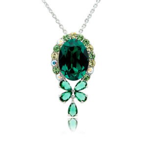 Swarovski crystal oval bow necklace wholesale featuring palladium plated brass chain, large oval gem with halo border, and crystal butterfly bow pendant, SKU G100891E.