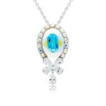 Swarovski crystal oval bow necklace wholesale featuring palladium plated brass chain, large oval gem with halo border, and crystal butterfly bow pendant, SKU G100891E.
