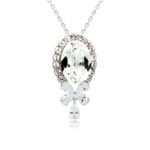 Swarovski crystal oval bow necklace wholesale featuring palladium plated brass chain, large oval gem with halo border, and crystal butterfly bow pendant, SKU G100891E.