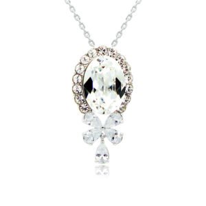 Swarovski crystal oval bow necklace wholesale featuring palladium plated brass chain, large oval gem with halo border, and crystal butterfly bow pendant, SKU G100891E.