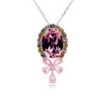 Swarovski crystal oval bow necklace wholesale featuring palladium plated brass chain, large oval gem with halo border, and crystal butterfly bow pendant, SKU G100891E.
