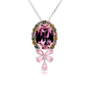 Swarovski crystal oval bow necklace wholesale featuring palladium plated brass chain, large oval gem with halo border, and crystal butterfly bow pendant, SKU G100891E.