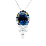 Swarovski crystal oval bow necklace wholesale featuring palladium plated brass chain, large oval gem with halo border, and crystal butterfly bow pendant, SKU G100891E.