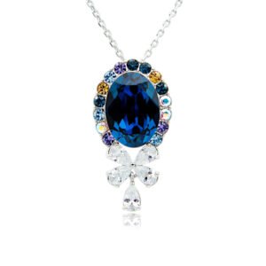 Swarovski crystal oval bow necklace wholesale featuring palladium plated brass chain, large oval gem with halo border, and crystal butterfly bow pendant, SKU G100891E.