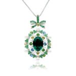 Swarovski crystal bow pendant wholesale featuring palladium plated brass chain, ornate ribbon bow, pearl cluster frame, and oval gemstone, SKU G100898E.