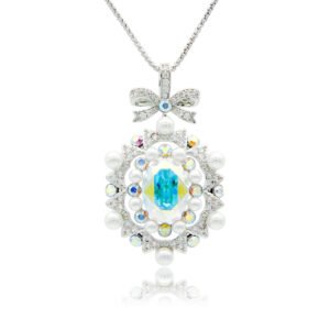 Swarovski crystal bow pendant wholesale featuring palladium plated brass chain, ornate ribbon bow, pearl cluster frame, and oval gemstone, SKU G100898E.