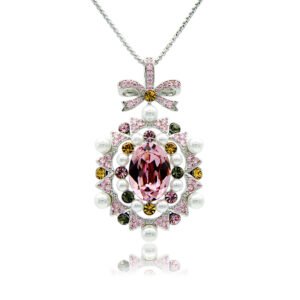 Swarovski crystal bow pendant wholesale featuring palladium plated brass chain, ornate ribbon bow, pearl cluster frame, and oval gemstone, SKU G100898E.