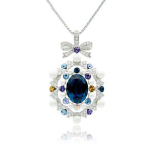 Swarovski crystal bow pendant wholesale featuring palladium plated brass chain, ornate ribbon bow, pearl cluster frame, and oval gemstone, SKU G100898E.
