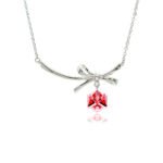 Swarovski crystal bow necklace wholesale with palladium plated brass chain, fluid metal ribbon pendant, and dangling geometric cube crystal, SKU G100907E.