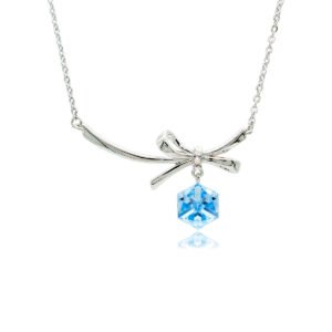 Swarovski crystal bow necklace wholesale with palladium plated brass chain, fluid metal ribbon pendant, and dangling geometric cube crystal, SKU G100907E.