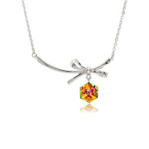Swarovski crystal bow necklace wholesale with palladium plated brass chain, fluid metal ribbon pendant, and dangling geometric cube crystal, SKU G100907E.