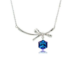 Swarovski crystal bow necklace wholesale with palladium plated brass chain, fluid metal ribbon pendant, and dangling geometric cube crystal, SKU G100907E.