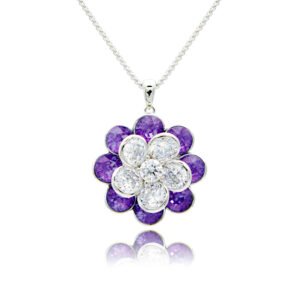 Rotating crystal flower necklace with spinning white CZ center and Swarovski element crystal petals on palladium-plated brass chain, SKU G100919E.