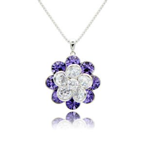 Rotating crystal flower necklace with spinning white CZ center and Swarovski element crystal petals on palladium-plated brass chain, SKU G100919E.