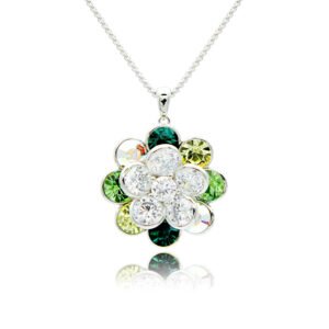 Rotating crystal flower necklace with spinning white CZ center and Swarovski element crystal petals on palladium-plated brass chain, SKU G100919E.