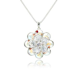 Rotating crystal flower necklace with spinning white CZ center and Swarovski element crystal petals on palladium-plated brass chain, SKU G100919E.
